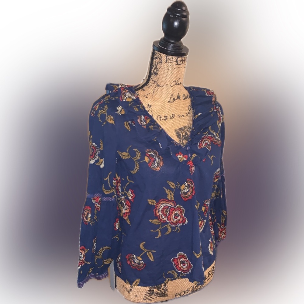 Madewell X warm Blue Floral  Ruffled 3/4 Peasant Sleeve Bohemian Blouse Top S